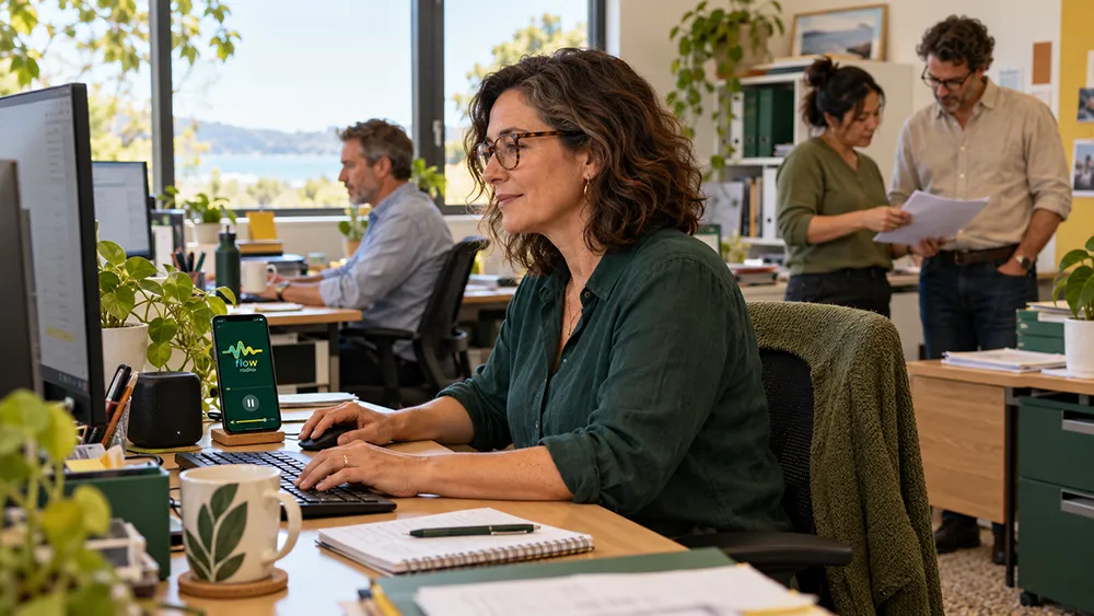 Office workers listen to Flow